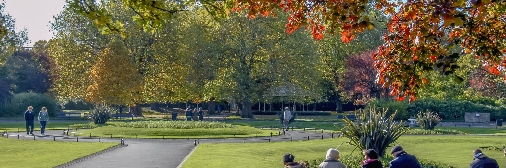 Dublin, Ireland, 27 October 2012: St Stephen's Green is a city centre public park in Dublin, Ireland. The current landscape of the park was designed by William Sheppard. It was officially re-opened to the public on Tuesday, 27 July 1880 by Lord Ardilaun.