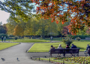 Dublin, Ireland, 27 October 2012: St Stephen's Green is a city centre public park in Dublin, Ireland. The current landscape of the park was designed by William Sheppard. It was officially re-opened to the public on Tuesday, 27 July 1880 by Lord Ardilaun.