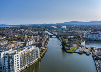 Aerial view Dublin City including Aviva and mountains_master