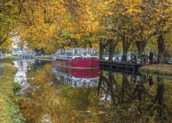 A serene canal lined with trees in autumn, their yellow leaves reflecting on the water. A red barge is moored along the canal, and a pathway runs parallel to the water. Cars are parked along the opposite side of the canal. This picturesque scene is near a hotel near Grafton Street.