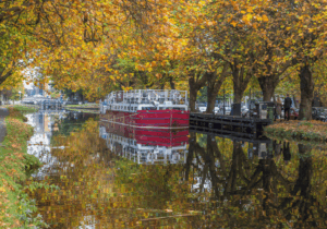 A serene canal lined with trees in autumn, their yellow leaves reflecting on the water. A red barge is moored along the canal, and a pathway runs parallel to the water. Cars are parked along the opposite side of the canal. This picturesque scene is near a hotel near Grafton Street.